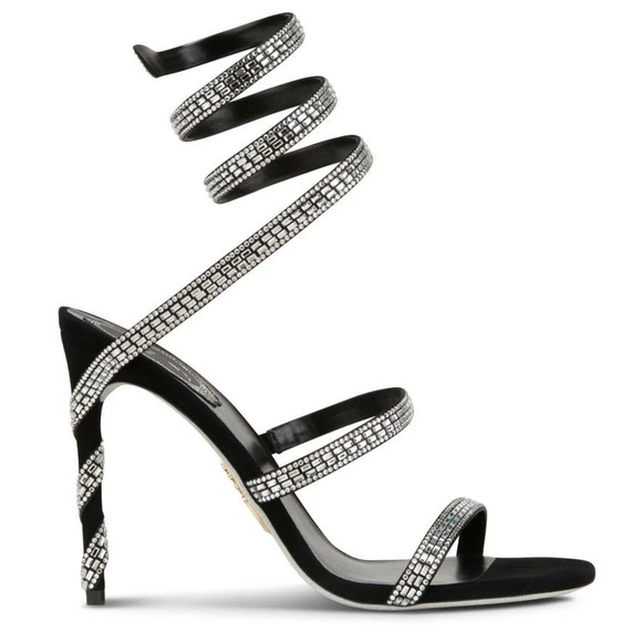 Rene Caovilla Margot Black Silver Crystal Ankle Wrap Strap Sandal Heel Pump 36.5 - Picture 1 of 12